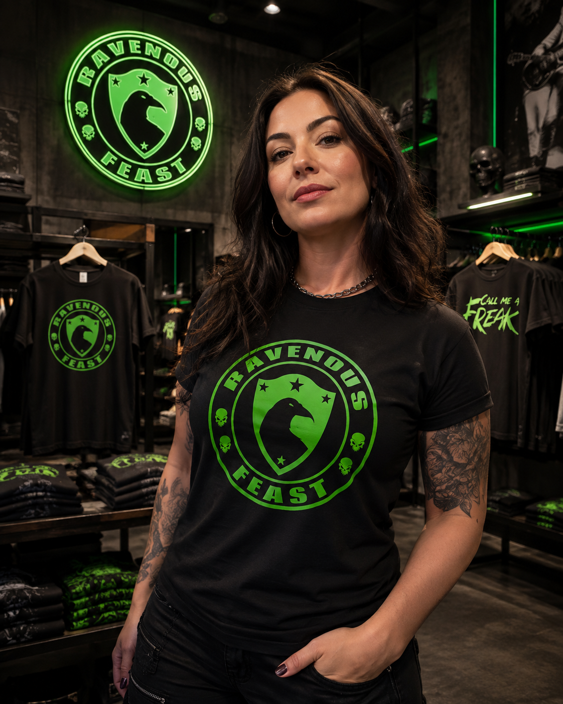 Modelo femenina con franela Ravenous Feast en set comercial